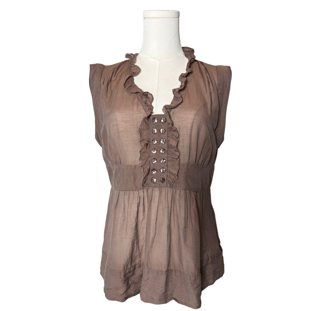 Odille Anthropologie Brown Cotton Silk Ruffle Empire Waist Blouse 10 Victorian